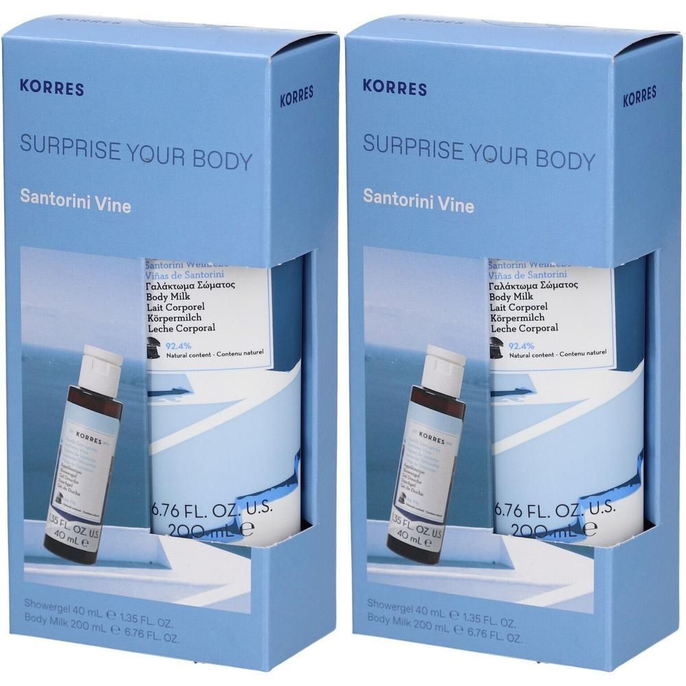 Deux coffrets Korres de gel douche et lait corporel parfum Raisin de Santorin, 40ml et 200ml.