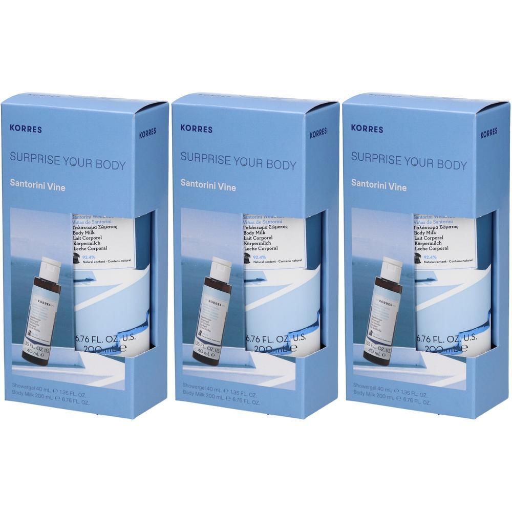 Trois coffrets Korres Vigne de Santorin, gel douche et lait corporel, en emballage bleu.