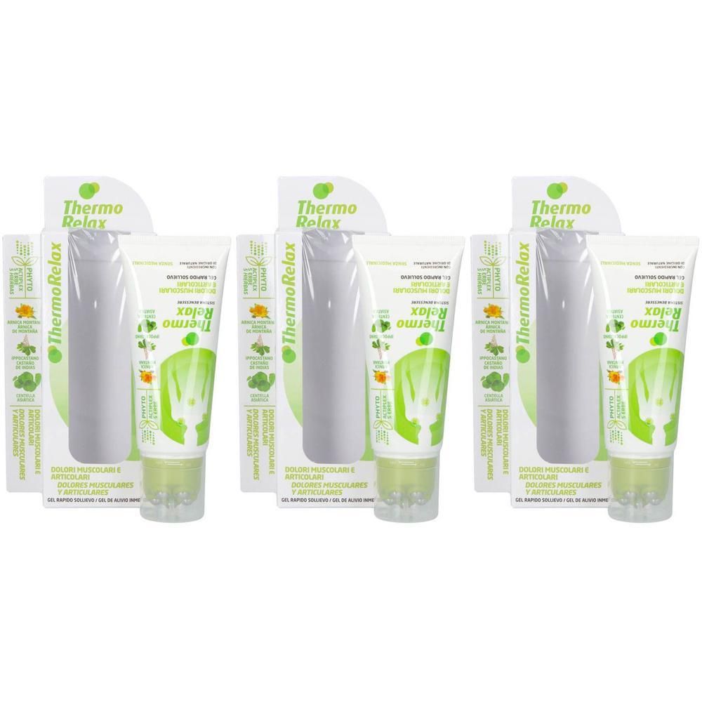 Drie tubes Thermo Relax Phyto Gel in individuele verpakkingen.