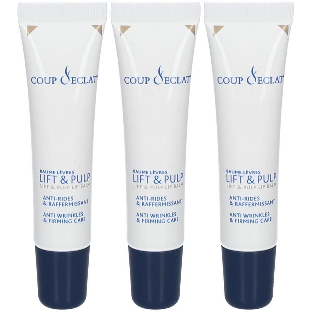 Drie tubes Coup D'eclat Baume Lèvres Lift & Pulp lippenbalsem met blauwe doppen.