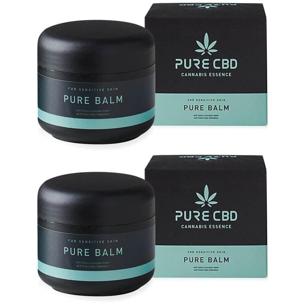 Twee zwarte potjes en doosjes voor Pure CBD balsem.