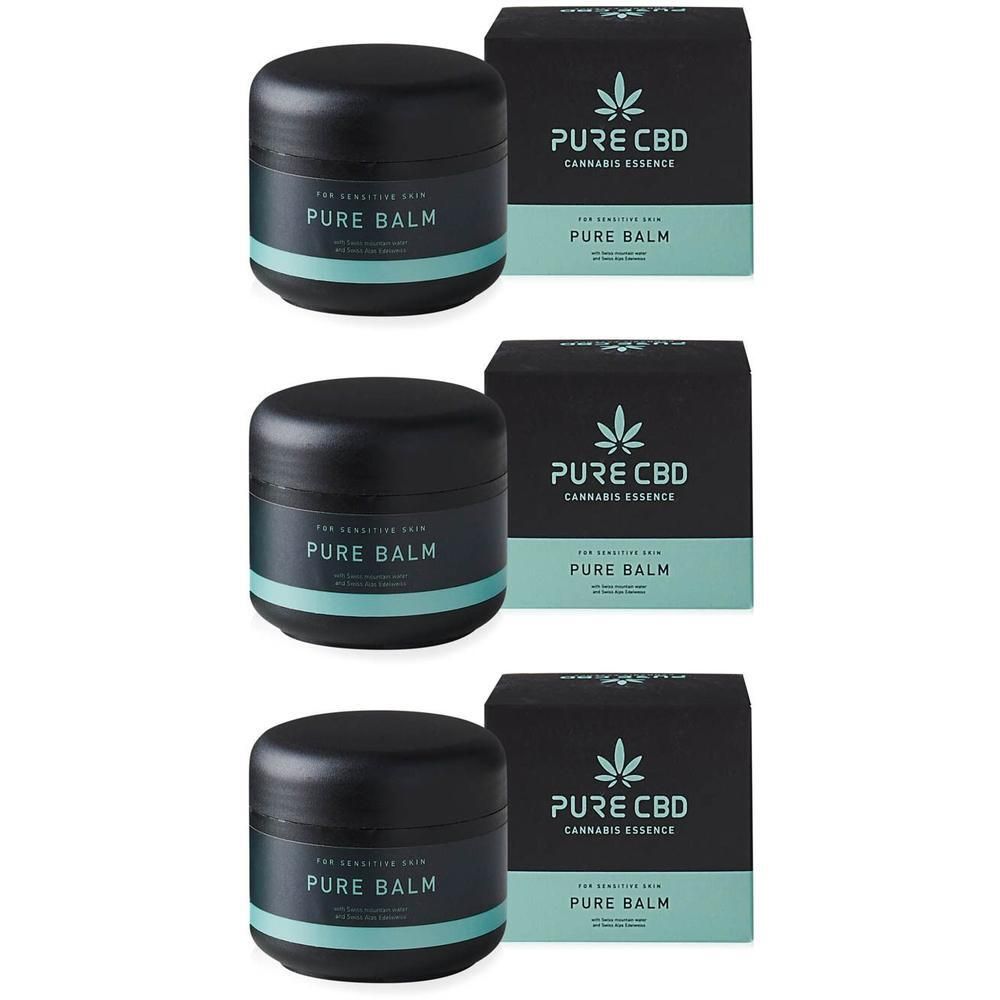 Trois pots noirs de baume Pure CBD et leurs boîtes.