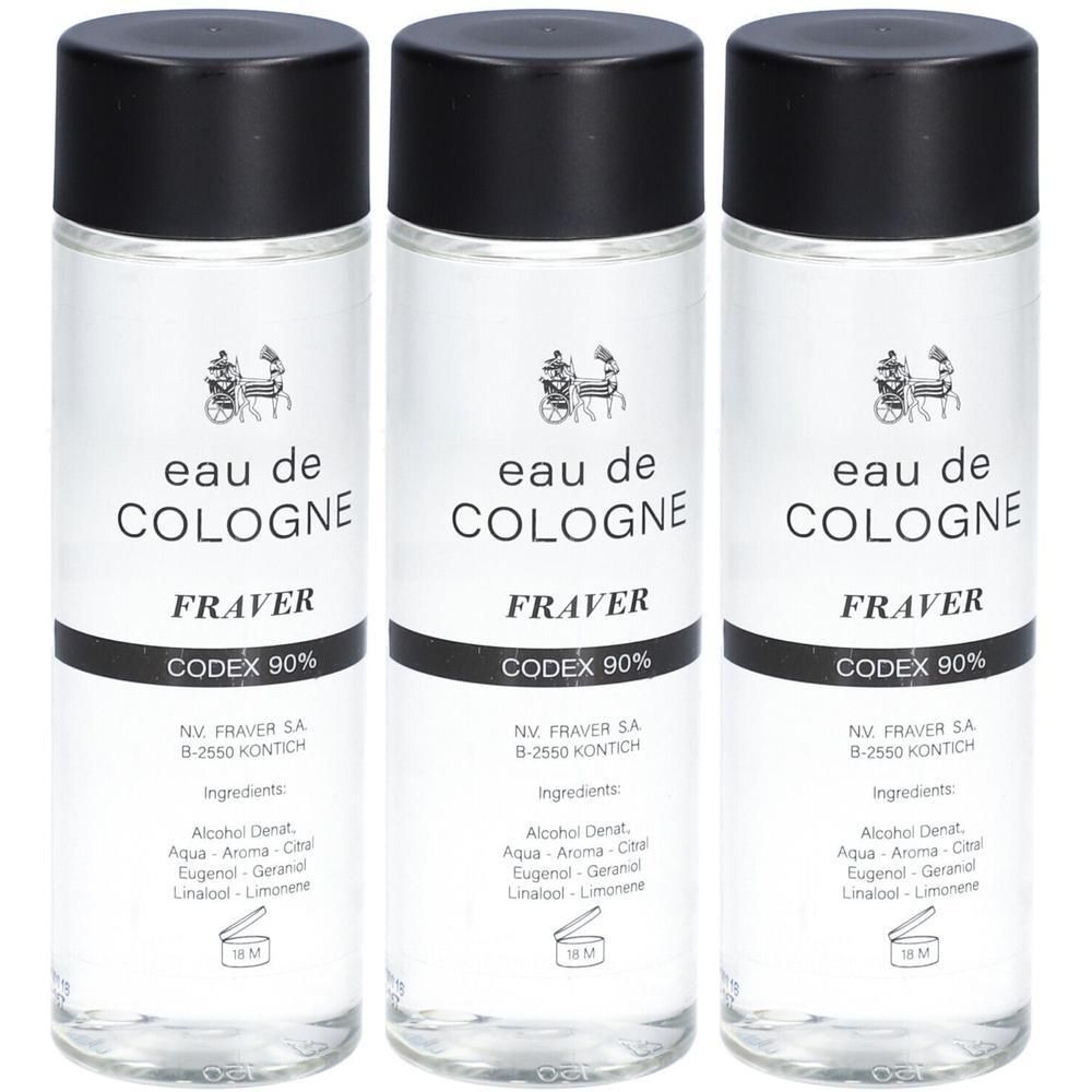 Drie flessen Eau de Cologne Fraver Codex 90% met zwarte doppen.
