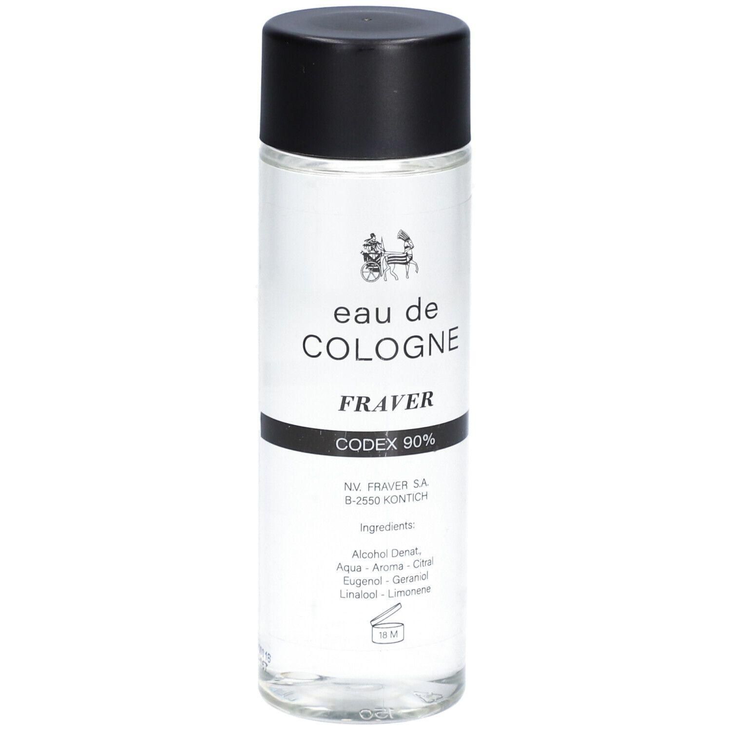Fraver Eau de Cologne Codex 90%. Heldere vloeistof in glazen fles met zwarte dop.