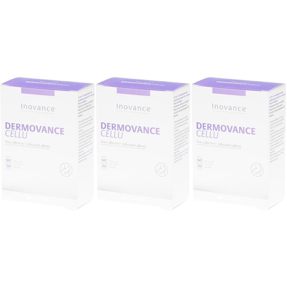 Drie pakken Inovance Dermovance Cellu met paarse accenten.