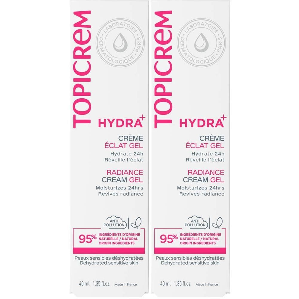 Deux tubes de Gelée Hydratante Topicrem Hydra+ pour peaux sensibles déshydratées.