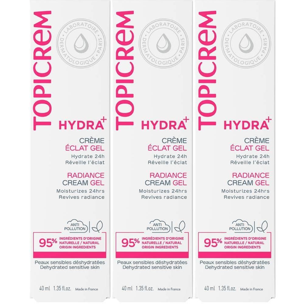 Drie verpakkingen Topicrem Hydra+ Radiance Cream Gel.