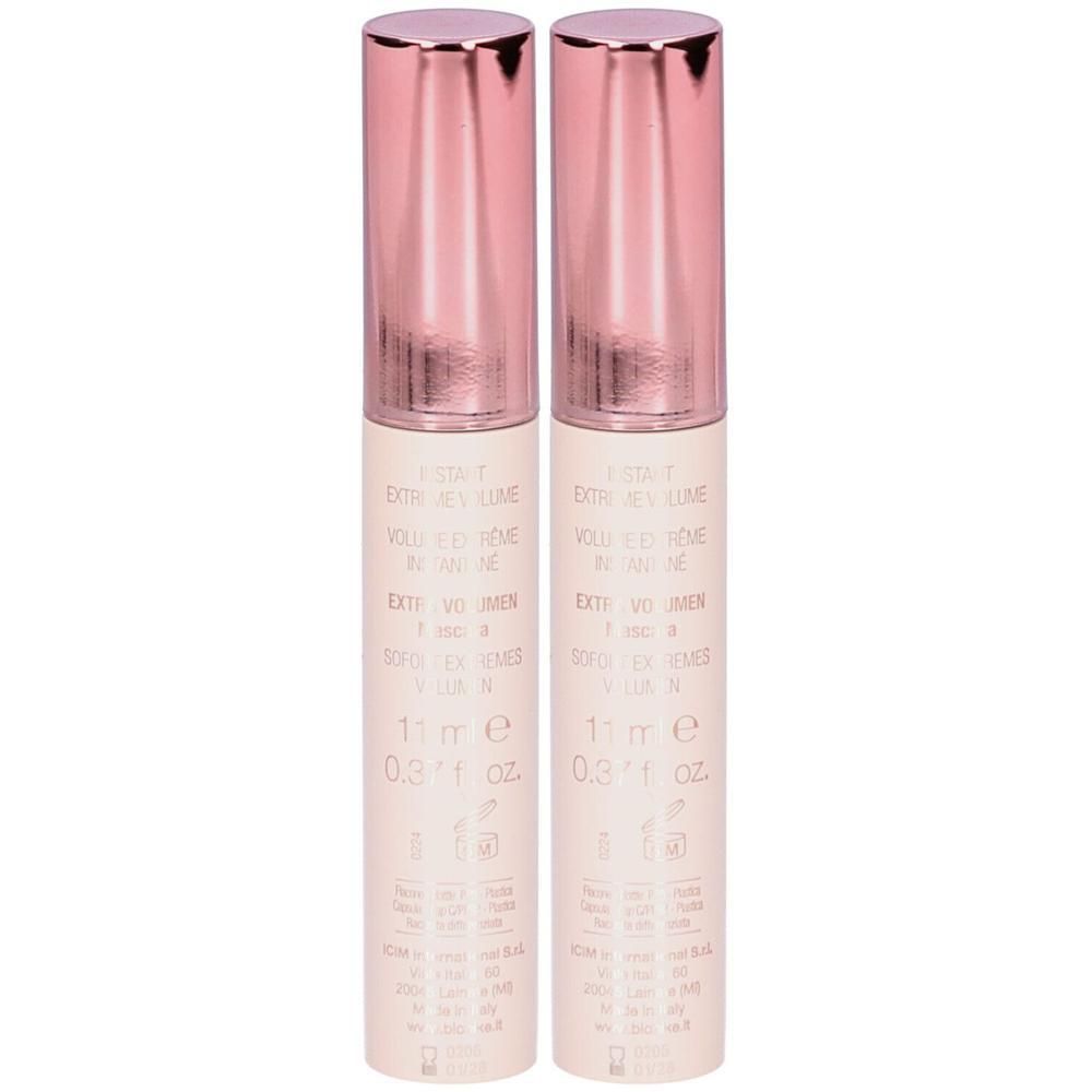 Deux flacons de mascara avec capuchons roses scintillants.