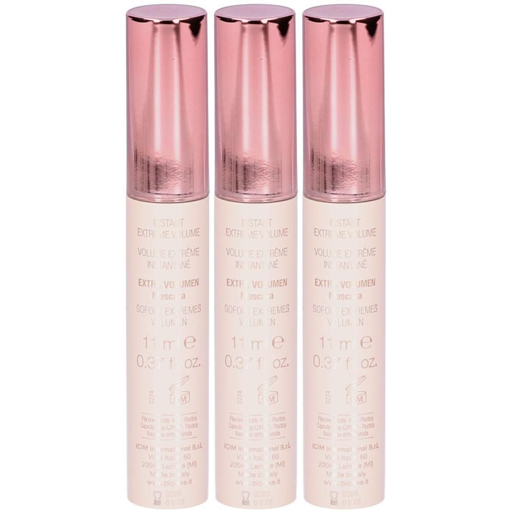 Drie flacons zwarte mascara met roségouden doppen. Elke flacon bevat 11 ml (0,3 fl oz).