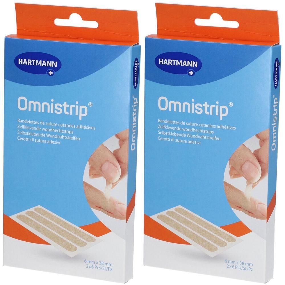 Hartmann Omnistrip: Twee pakken met zelfklevende wondhechtstrips, 6 mm x 38 mm per stuk.