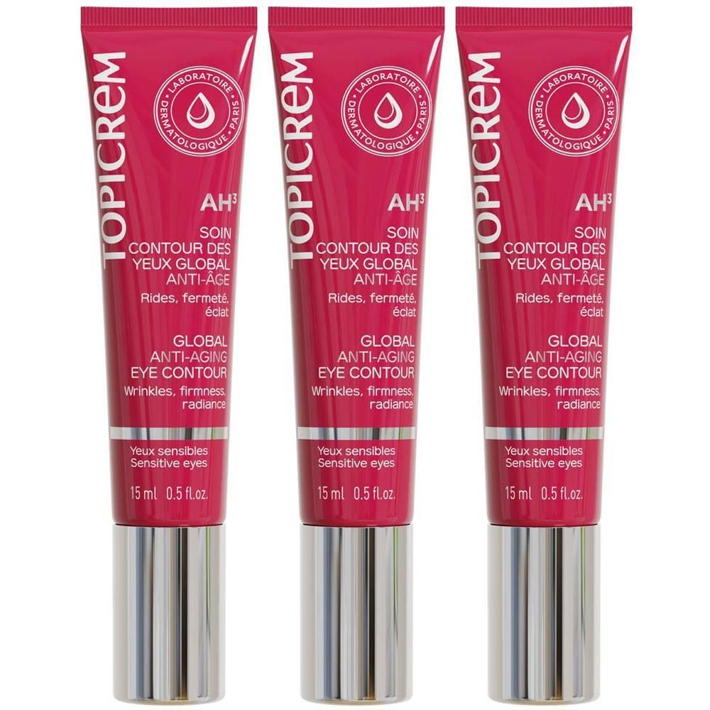 Trois tubes de TOPICREM AH3 Soin contour des yeux Global Anti-Âge, 15 ml chacun.