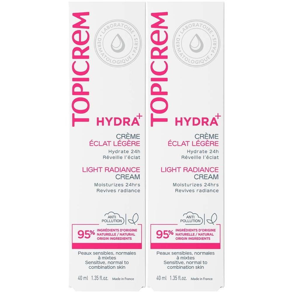 Twee verpakkingen Topicrem Hydra+ Crème Éclat Légère, lichte hydraterende crème voor een stralende huid.