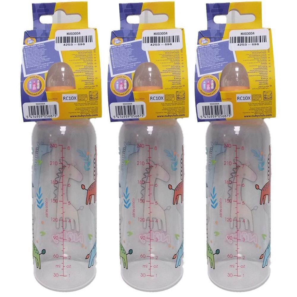 Drie Nûby babyflessen met giraffendessin en schaalverdeling tot 240ml.
