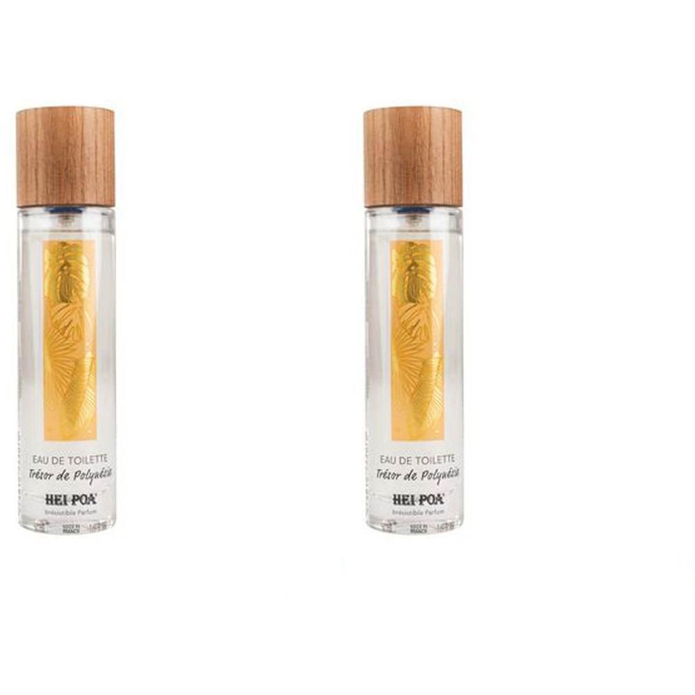Deux flacons d'Eau de Toilette Trésor de Polynésie avec bouchon en bois.
