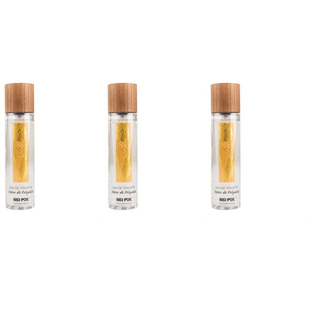 Trois flacons d'Eau de Toilette Trésor de Polynésie avec bouchons en bois.