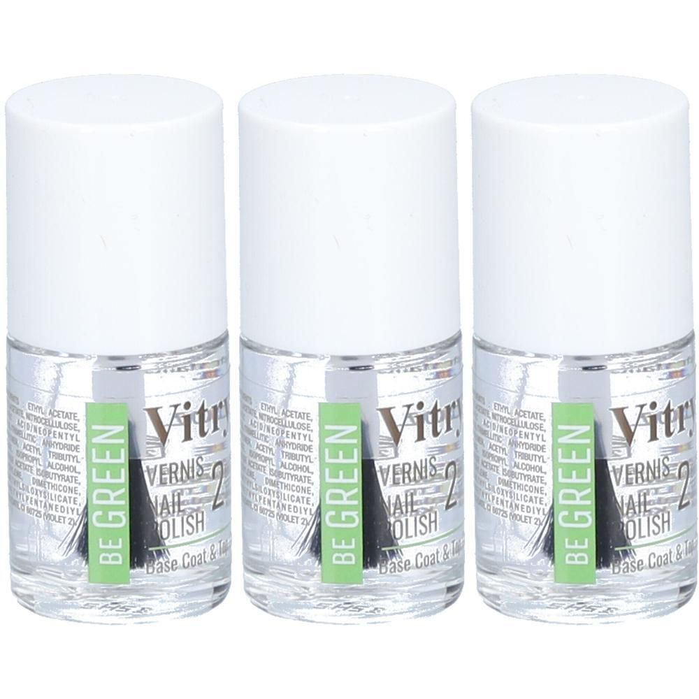 Trois flacons de Vitry Be Green 2-en-1 Base & Top Coat. Liquide transparent avec bouchon blanc.