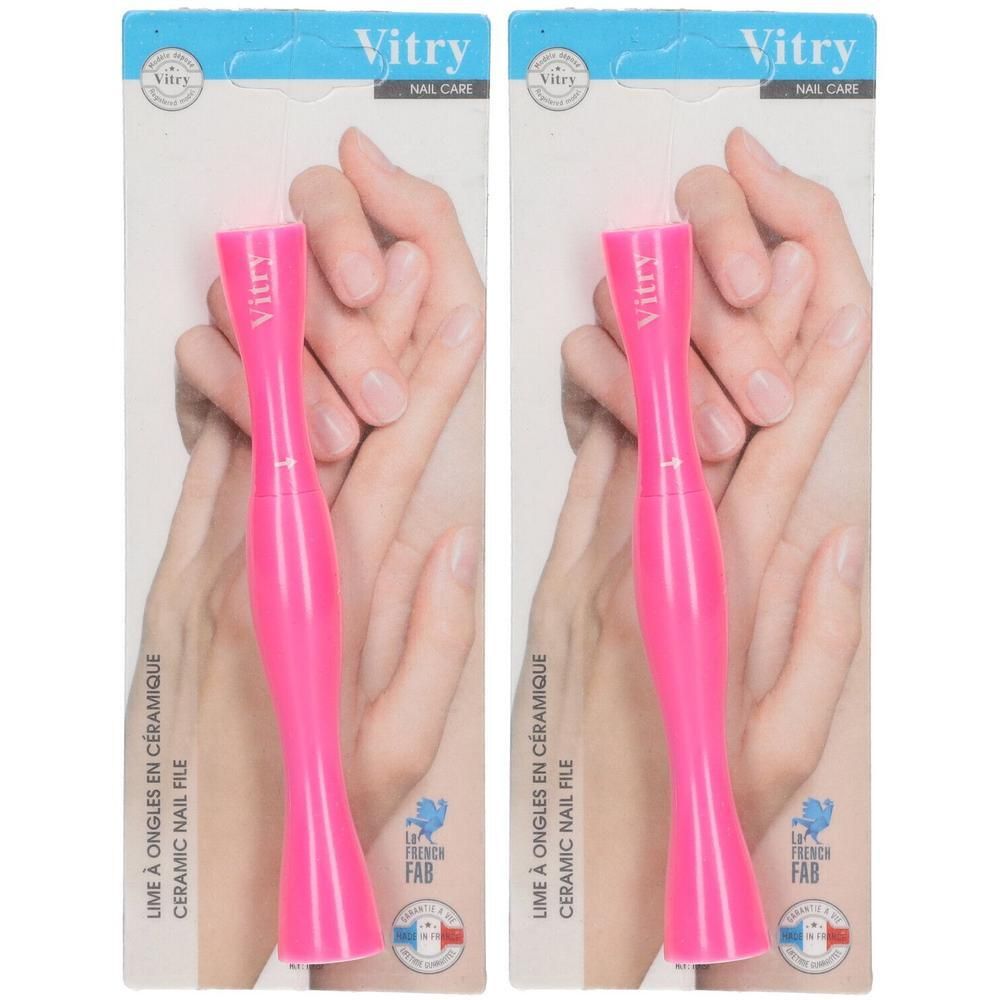 Twee roze keramische nagelvijlen van Vitry in dubbelverpakking. De vijlen hebben een gebogen handvat.