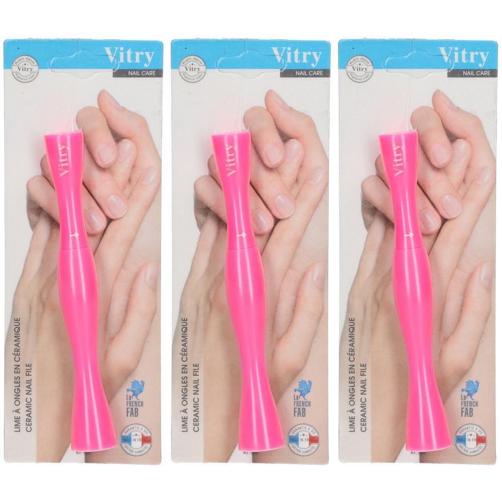 Drie roze Vitry keramische nagelvijlen, individueel verpakt, met afbeeldingen van handen.