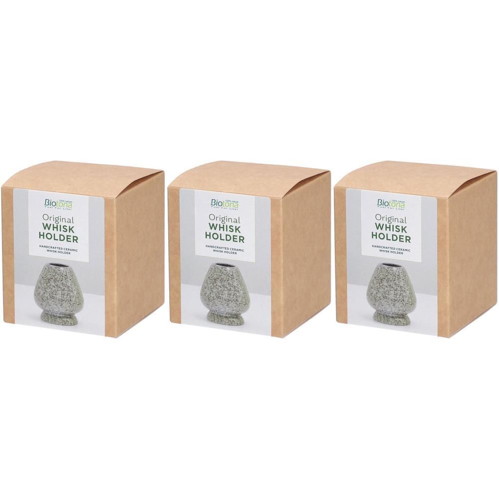 Trois porte-fouets Biotona Originaux gris et verts, emballés dans des boîtes.