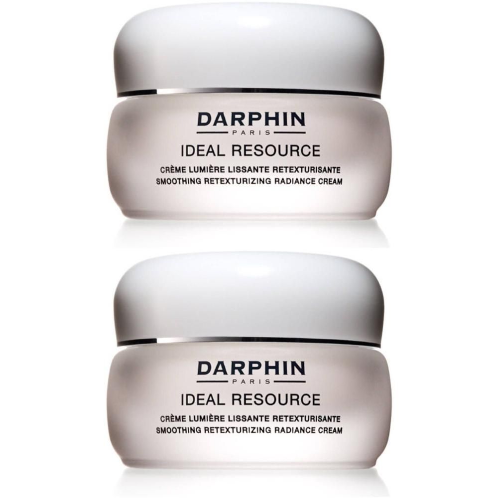 Deux pots de crème Darphin Ideal Resource avec un bord argenté. Texte : Darphin, Ideal Resource, Crème Lumière Lissante Retexturisante.