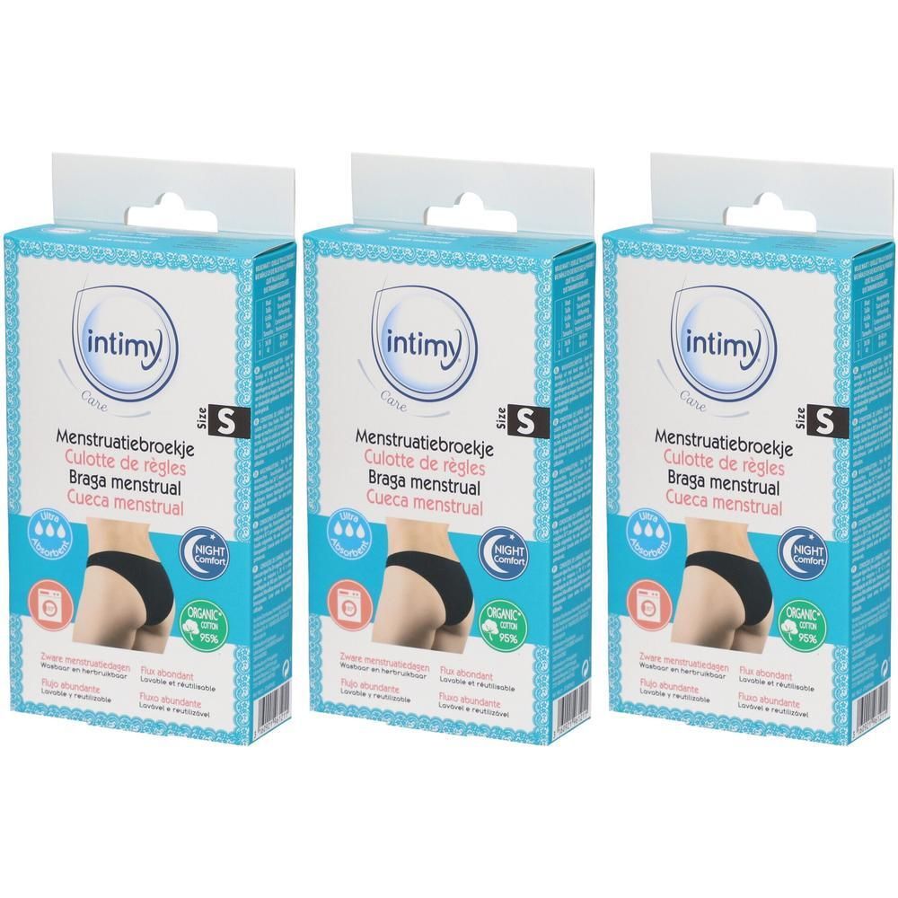 Drie pakken Intimy Care menstruatieondergoed, maat S, in blauw en wit.