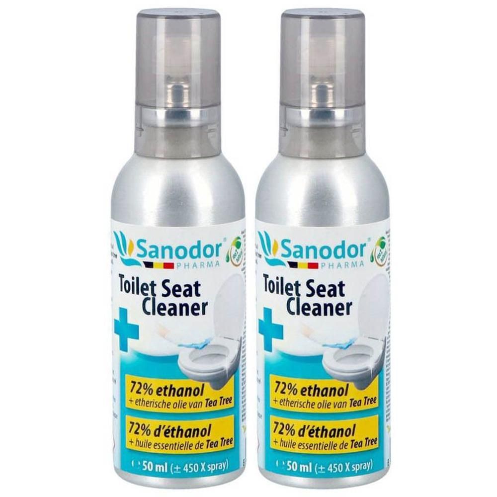 Deux flacons pulvérisateurs de 50ml Sanodor Pharma Nettoyant pour abattant de toilette avec 72% d'éthanol et huile d'arbre à thé.