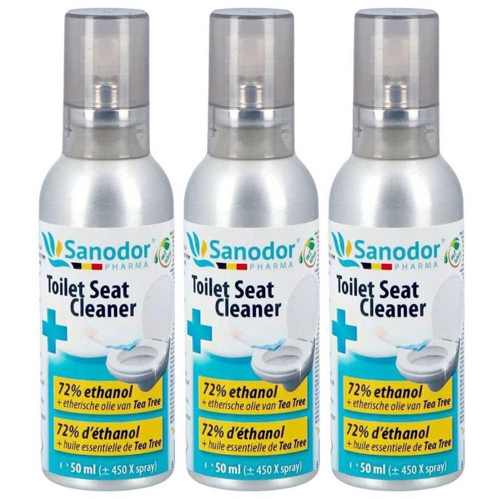 Drie flessen Sanodor Toilet Seat Cleaner, elk 50 ml, met 72% ethanol en tea tree olie.