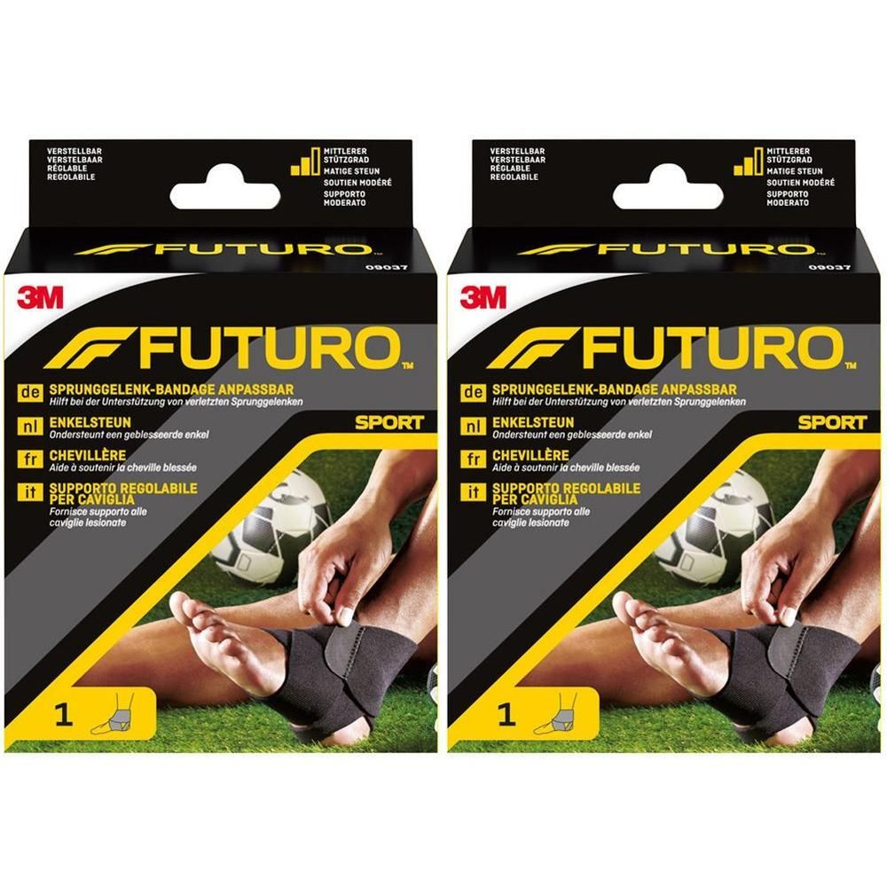 Twee Futuro enkelbraces in de doos, met afbeelding van een voet met brace.