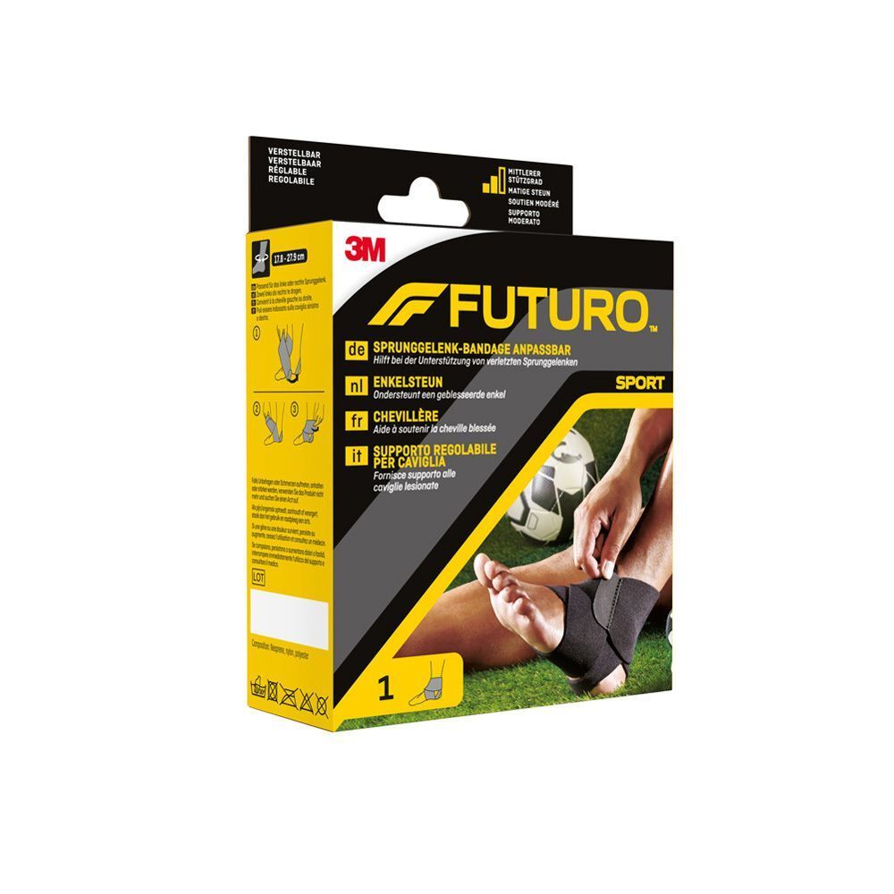 Futuro enkelbrace in de doos, met afbeelding van een voet met brace en instructies.