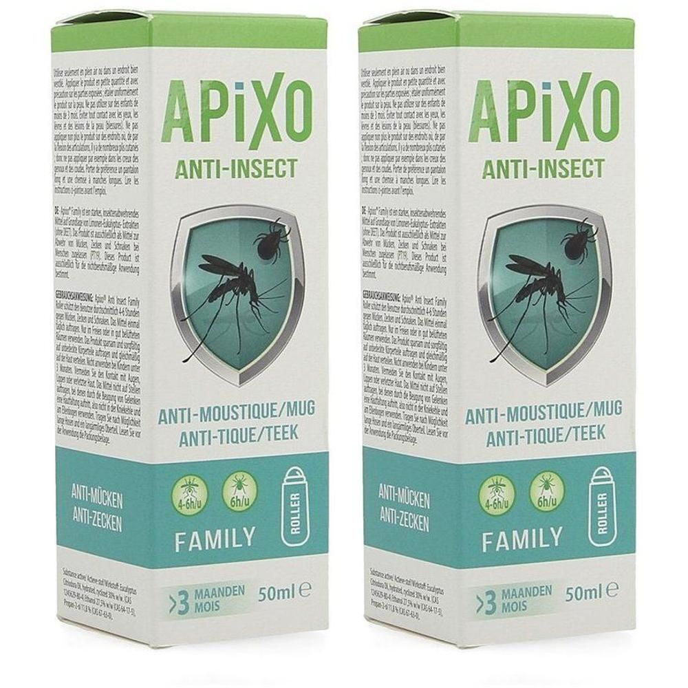 Twee verpakkingen Apixo Anti-Insect Family Roll-On. Bescherming tegen muggen, vliegen en teken. Voor kinderen vanaf 3 maanden.