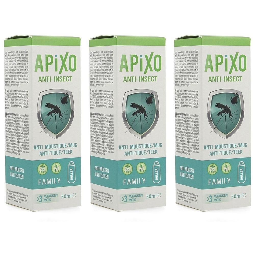 Drie verpakkingen APIXO anti-insectenmiddel met muggensymbool. 50ml.