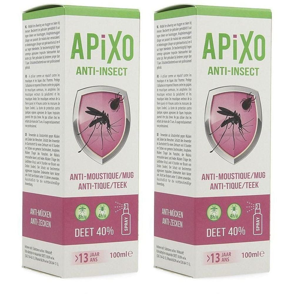 Twee verpakkingen Apixo Anti-Insect DEET 40%. Toont muggen en teken op een schild.