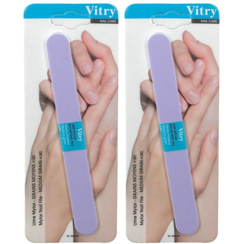 Deux limes à ongles mylar mauves grain moyen (180) présentées en emballage individuel.
