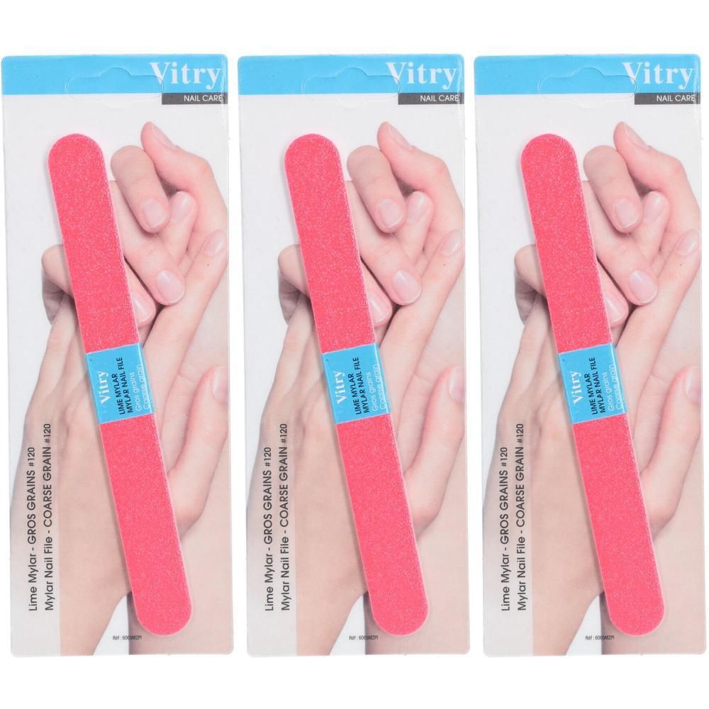 Deux limes à ongles roses avec inscription 'Vitry Nail Care'.