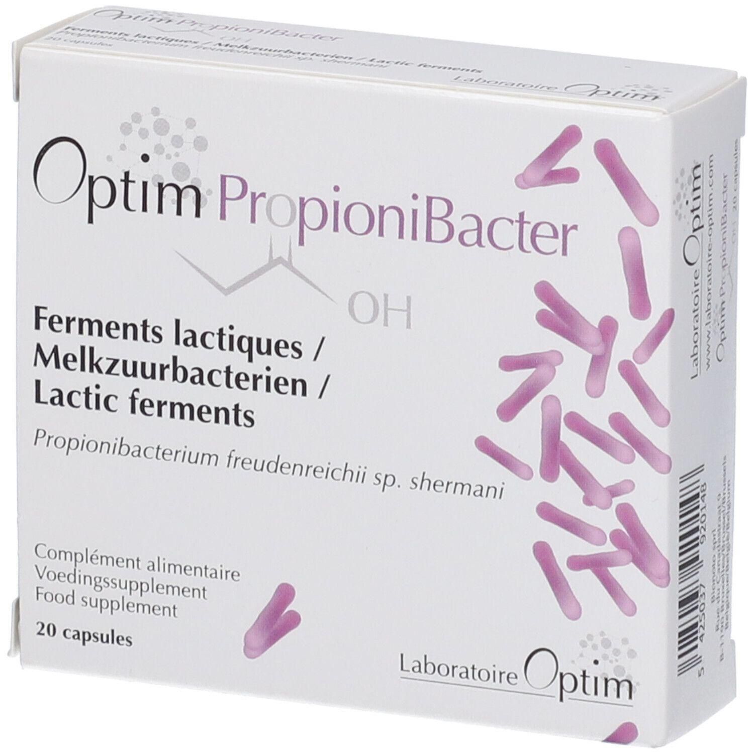 Boîte de 20 gélules Optim Propionibacter, ferments lactiques.
