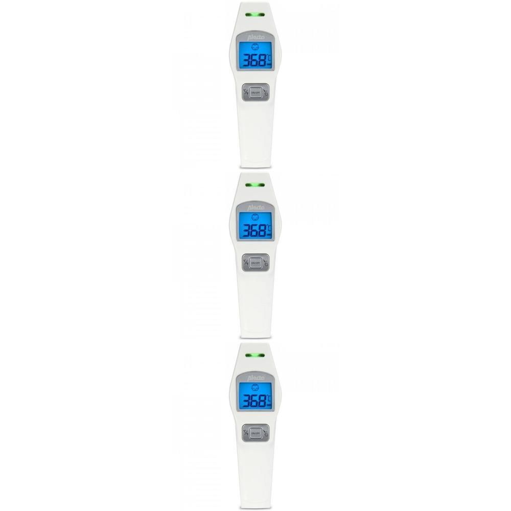 Drie witte digitale infraroodthermometers met blauwe displays die 36,8 tonen.