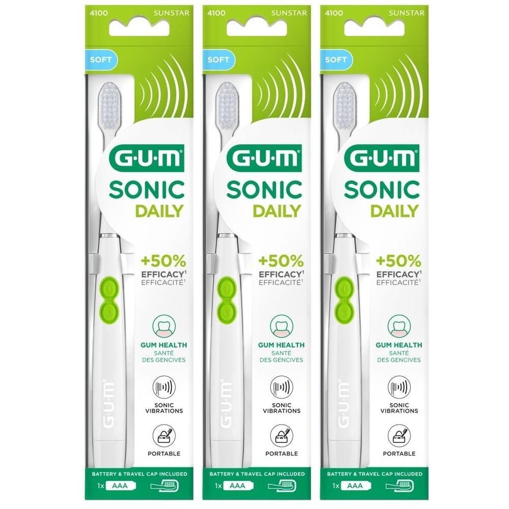Drie witte GUM Sonic Daily tandenborstels, verpakt.