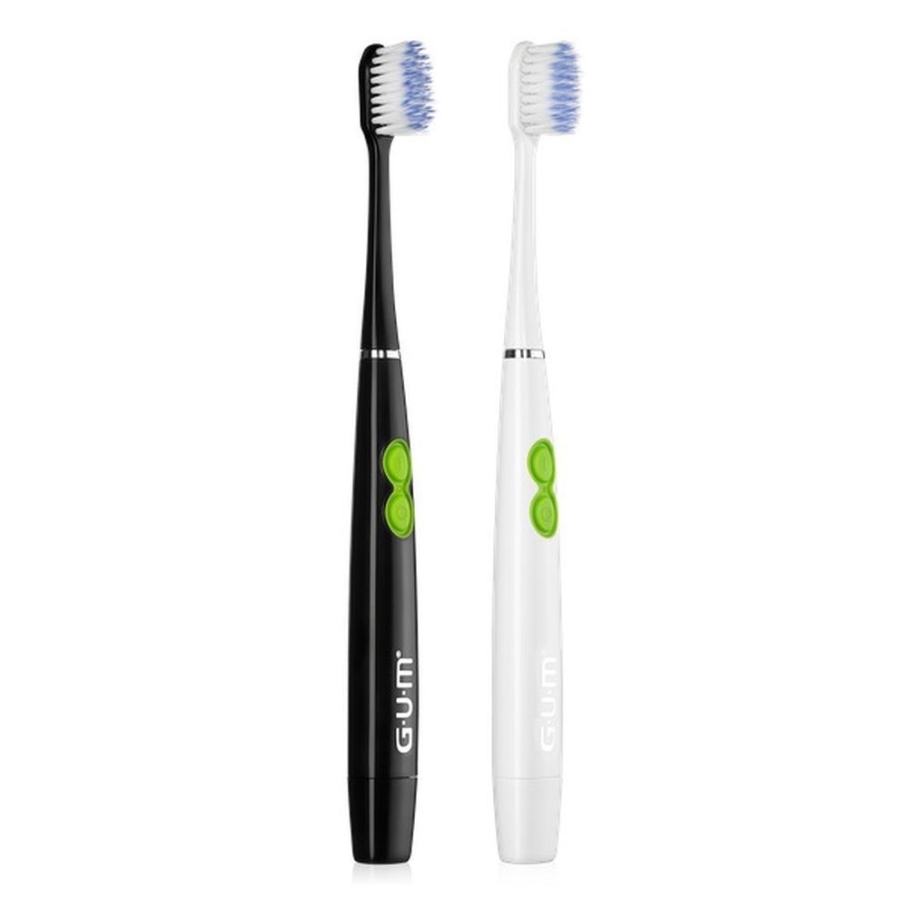 Witte en zwarte GUM Sonic Daily tandenborstels met groene accenten.