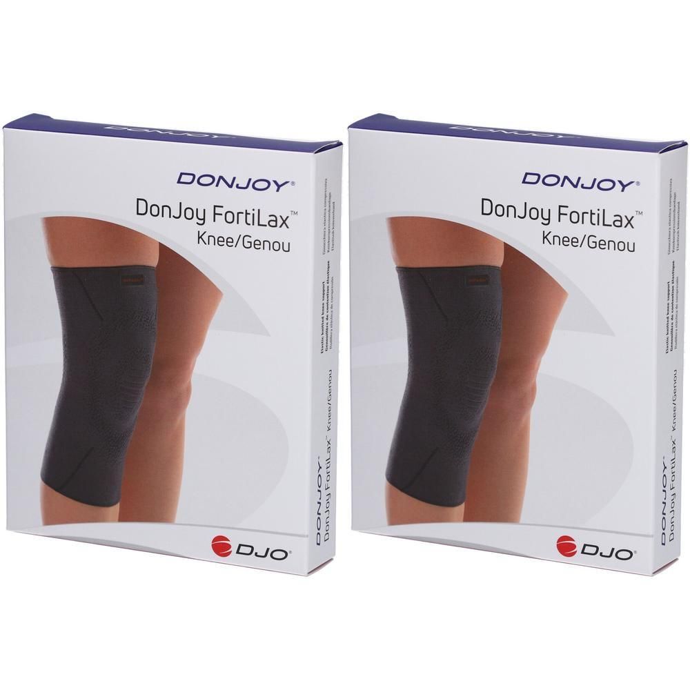 Twee verpakkingen DonJoy FortiLax kniebrace. Donkergrijze brace op een been afgebeeld op de verpakking.