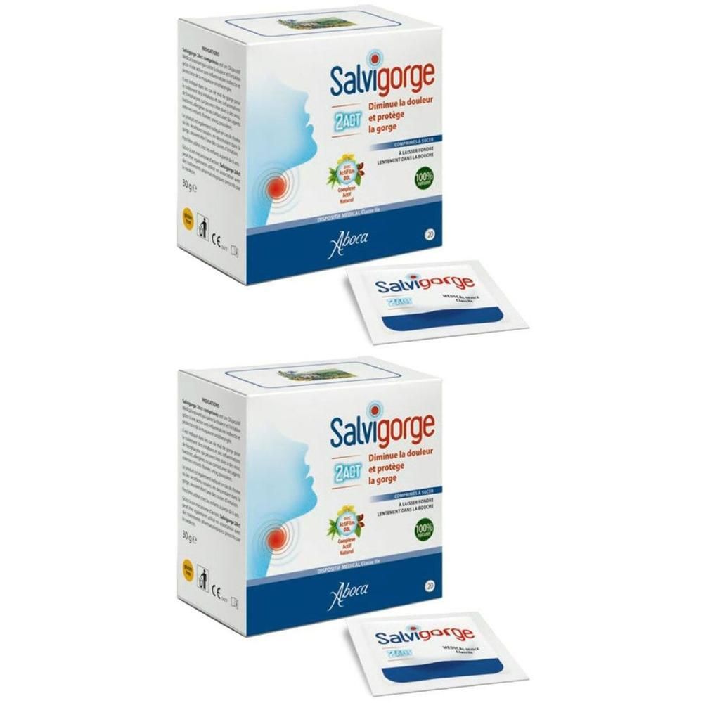 Twee pakken Aboca Salvigorge 2Act zuigtabletten met individueel verpakte zakjes.