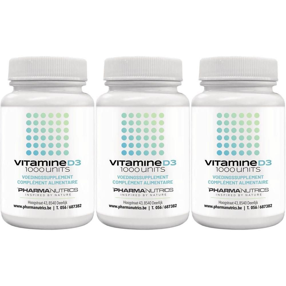 Trois flacons de PharmaNutrics Vitamine D3 1000 unités, complément alimentaire.