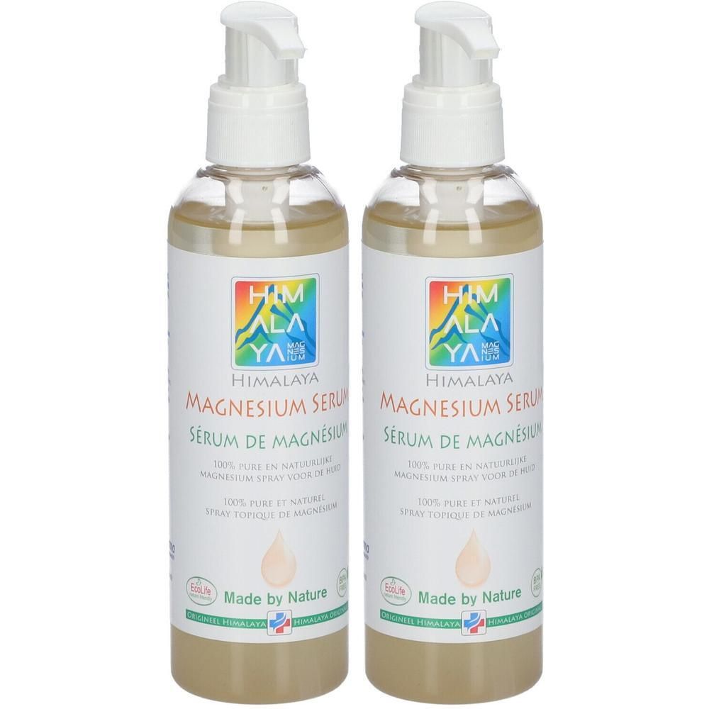 Twee flessen Himalaya Magnesium Serum met pompdoseringen. Heldere vloeistof in doorzichtige flessen met witte etiketten.