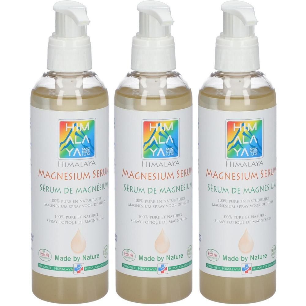 Drie flessen Himalaya Magnesium Serum met pompspray. Etiket met logo en tekst.