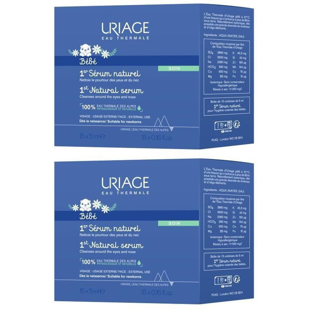 Twee verpakkingen Uriage Bébé 1er Sérum Naturel, verzorging voor ogen en neus.