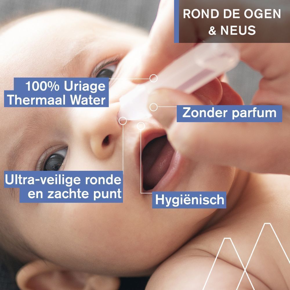 Toepassing van Uriage Bébé 1er Sérum Naturel op het baby-oog en de neus.