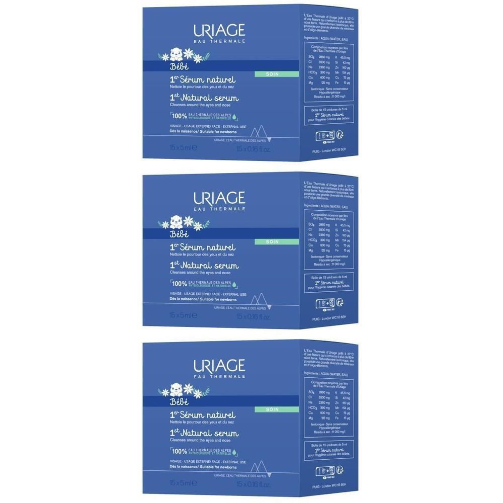 Drie verpakkingen Uriage Bébé 1er Sérum Naturel naast elkaar.