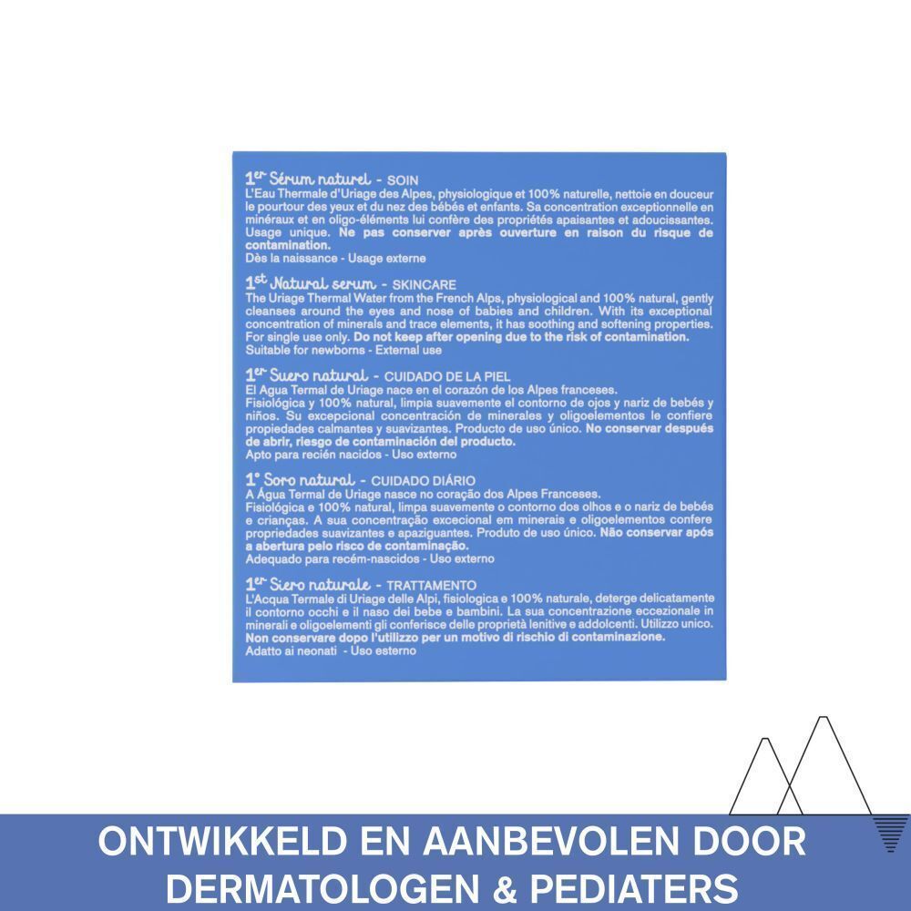 Productinformatie voor Uriage Bébé 1er Sérum Naturel in meerdere talen.