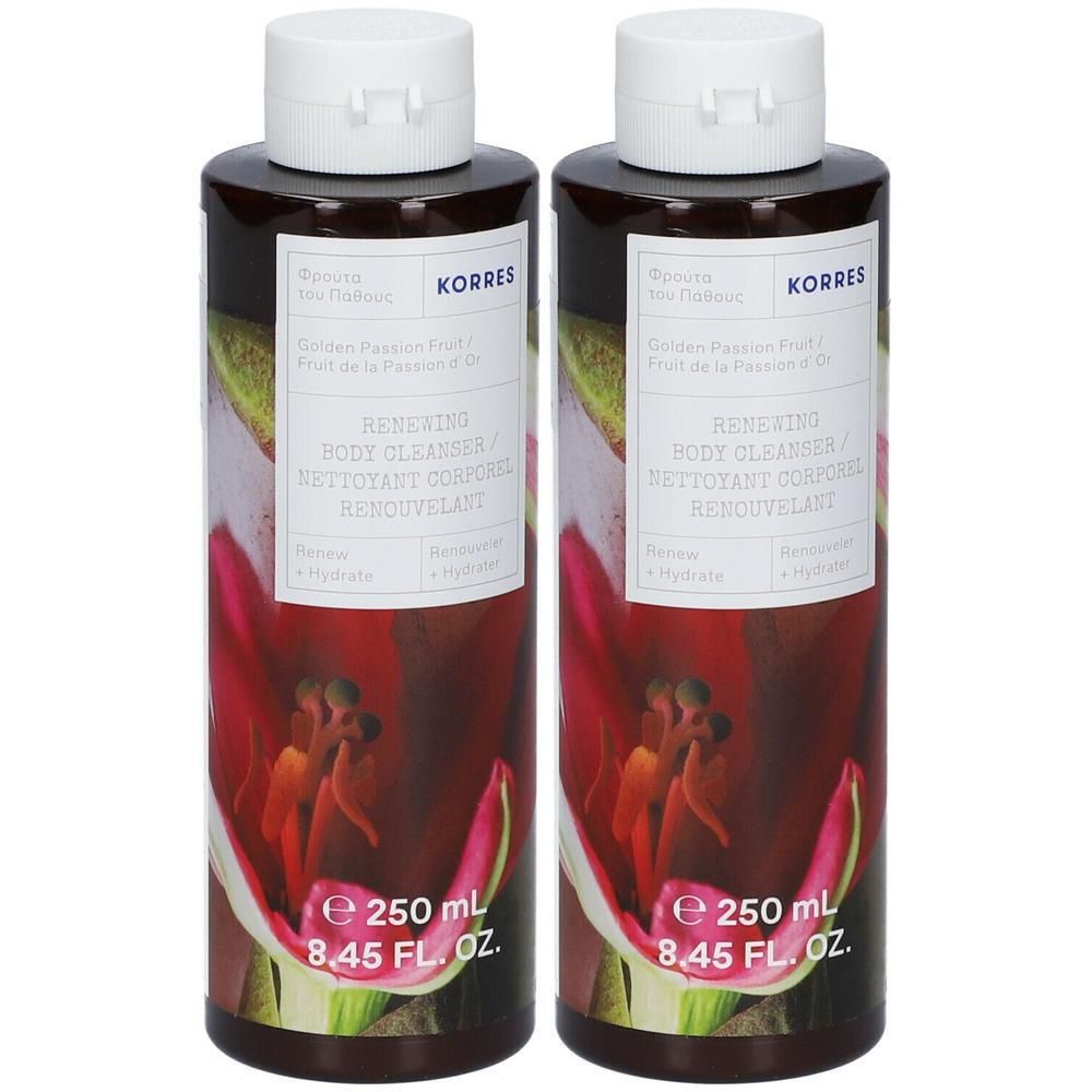 Deux bouteilles de nettoyant corporel Korres, motif fruit de la passion et orchidée, 250 ml chacune.