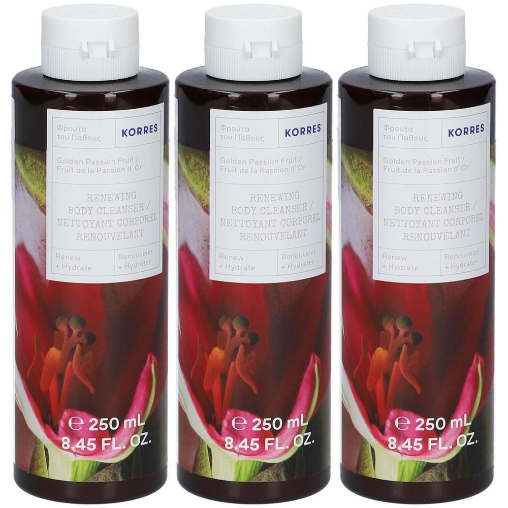 Trois flacons de Nettoyant Corporel Renouvelant Korres Fruit de la Passion d'Or, 250 ml chacun.