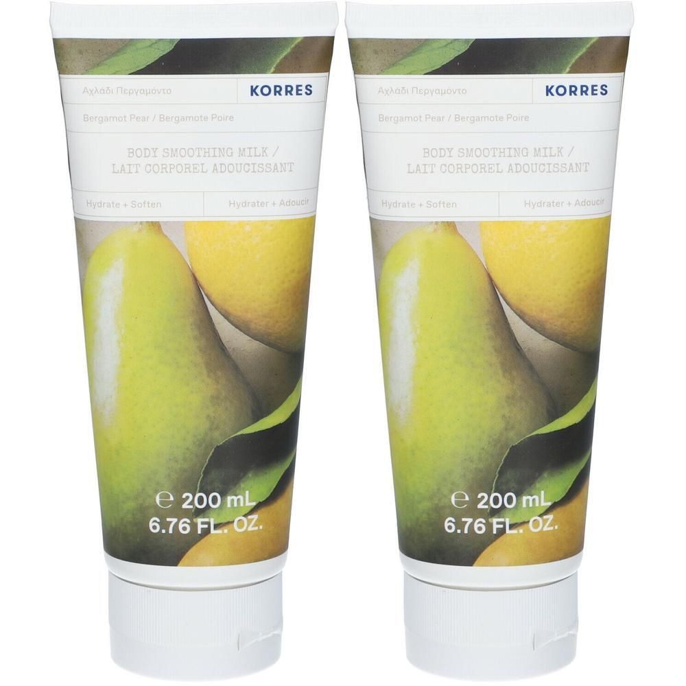 Deux flacons de Lait Corporel Adoucissant Korres, motif Bergamote Poire. 200 ml.